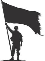 ai generado silueta soldados o Ejército actitud en frente de el negro bandera negro color solamente vector