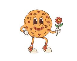 Cartoon groovy cookie character holding a daisy vector
