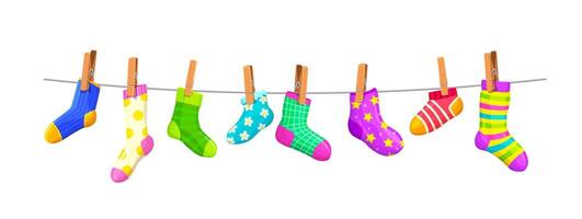 Socks on clothesline, cotton or wool socks on rope vector