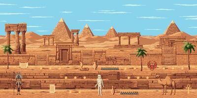 8bit pixel arcade game level map, Egypt pyramids vector