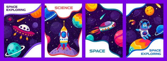 Space posters. Cartoon alien characters, spaceship vector