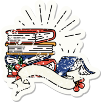 worn old sticker of a tattoo style stack of books png