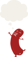 cartoon dancing sausage with thought bubble in retro style png