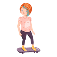 en liten flicka i en magenta ärm är skateboard mot en vit bakgrund. vattenfärg tecknad serie porträtt. png