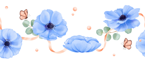 un sin costura borde. delicado azul anémonas, eucalipto hojas, adornado con cintas, pedrería, y mariposas acuarela ilustración para Boda papelería evento invitaciones o digital diseños png