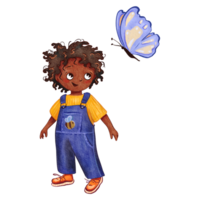 Cartoon boy in overalls standing next to a butterfly arthropod. Watercolor cartoon portrait. png