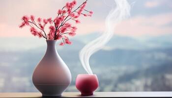 ai generado naturaleza romance floraciones en un mesa, ventana umbral, y florero generado por ai foto