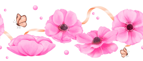 A seamless border featuring delicate pink anemones, adorned with ribbons, rhinestones, and butterflies. watercolor illustration for scrapbooking digital backgrounds website banners or social media png