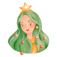 A girl with green hair and a star on her head is dressed up as a Christmas tree png