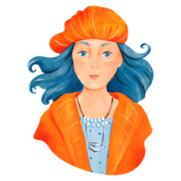 Cartoon of bluehaired woman in orange hat with expressive gesture png