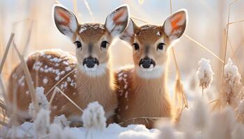 AI generated Cute deer looking at camera in snowy forest generated by AI photo
