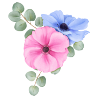 watercolor bouquet of pink and blue anemones with eucalyptus foliage. Ideal for adding a pop of color to event decorations, stationery designs, or digital projects png