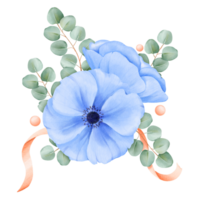 A watercolor floral composition of blue anemones and eucalyptus leaves, adorned with satin ribbons and rhinestones. for wedding stationery, event invitations, art prints and decorative crafts png