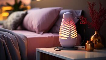 AI generated Cozy bedroom with modern decor, illuminated by soft candlelight generated by AI photo