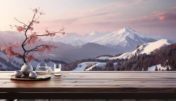 AI generated Mountain landscape with snow, trees, and sunlight a peaceful retreat generated by AI photo