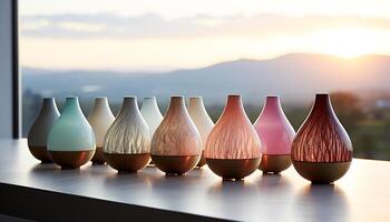 AI generated Abstract vase collection on wooden table, reflecting sunset vibrant colors generated by AI photo