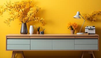 ai generado moderno Departamento con elegante diseño, brillante amarillo flores en mesa generado por ai foto