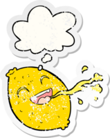 cartoon squirting lemon with thought bubble as a distressed worn sticker png