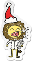 hand drawn distressed sticker cartoon of a roaring lion doctor wearing santa hat png