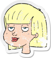 retro distressed sticker of a cartoon female face png