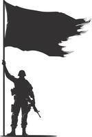 AI generated Silhouette Soldiers or Army pose in front of the black flag black color only vector