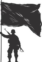 ai generado silueta soldados o Ejército actitud en frente de el blanco bandera negro color solamente vector