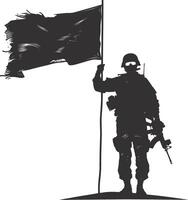 ai generado silueta soldados o Ejército actitud en frente de el negro bandera negro color solamente vector