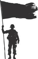 ai generado silueta soldados o Ejército actitud en frente de el negro bandera negro color solamente vector