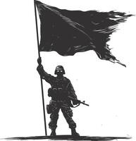 ai generado silueta soldados o Ejército actitud en frente de el negro bandera negro color solamente vector