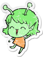 distressed sticker of a cartoon alien girl laughing png