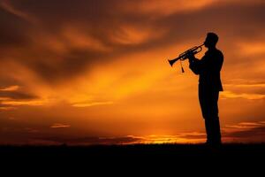 AI generated Melancholic Man trumpet sunset. Generate Ai photo
