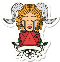 sticker of a crying tiefling with natural one D20 dice roll png