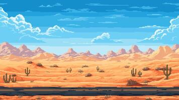 Retro 8 bit pixel desert road landscape background vector