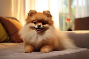 ai generado adorable pomeranio perro enfriamiento apagado. generar ai foto