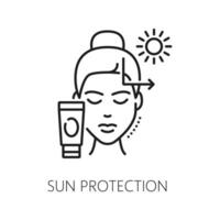 Face skin sun protection, cosmetology outline icon vector