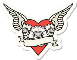 sticker of tattoo in traditional style of heart with wings flowers and banner png