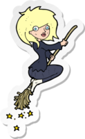 sticker of a cartoon witch riding broomstick png