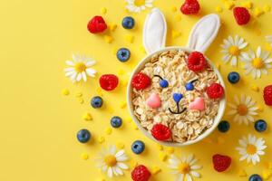 ai generado contento Pascua de Resurrección niños desayuno, harina de avena en forma de un linda conejito cara en un amarillo pastel antecedentes publicidad póster foto