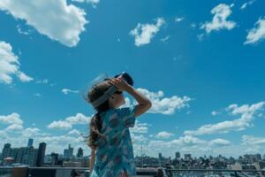 AI generated kids virtual reality, in Work rooftop, blue sky view mockup screen photo