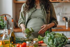 AI generated Healthy eating during pregnancy woman eating a salad in the kitchen of a home photo