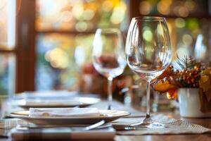 ai generado acción de gracias ajuste antecedentes lentes y platos en mesa en restaurante foto