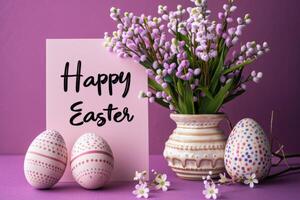 AI generated Happy Easter card with purple background with colorful eggs pastel spring flowers advertising Poster photo