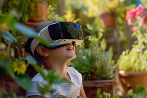 AI generated kids virtual reality in garden at home mockup screen interior design mockup photo