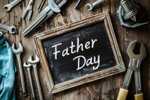 AI generated Father's day chalkboard tag with frame of tools on a wooden parents Gift box background photo