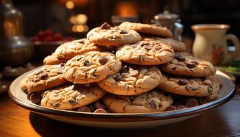 AI generated Freshly baked chocolate chip cookies on a rustic wooden table generated by AI photo