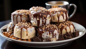 AI generated Indulgent gourmet dessert  dark chocolate cookie stack on wooden plate generated by AI photo