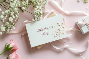 AI generated mother's day Pink White postcard, gift box and Flower parents Gift box background photo