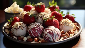 AI generated Gourmet strawberry dessert  fresh, sweet, indulgent, chocolate dipped, homemade generated by AI photo