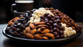 AI generated A healthy eating snack  almond, fruit, nut, chocolate, seed, nature generated by AI photo