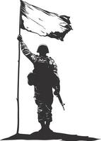 AI generated Silhouette Soldiers or Army pose in front of the white flag black color only vector